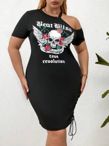 SHEIN LUNE Kích thước lớn Sọ & In thư Bất đối xứng Collared Váy bodycon - màu đen - Xem 4