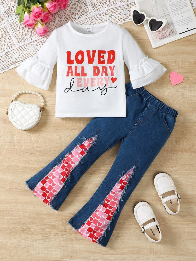 Young Girl's Letter Print Flare Sleeve Top & Heart Patchwork Flare Denim Pants Set