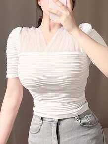DAZY Áo thun tay ngắn lưới tương phản - trắng - Xem 7