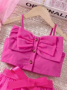 SHEIN Glamorique Kids 年輕女孩的蝴蝶結細節背心上衣和網紗裙2件組