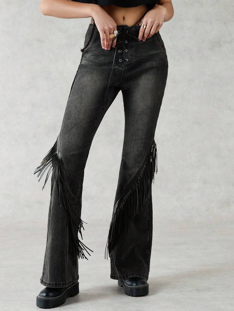 Forever 21 Washed Tassel Cross Tie Flare Jeans
