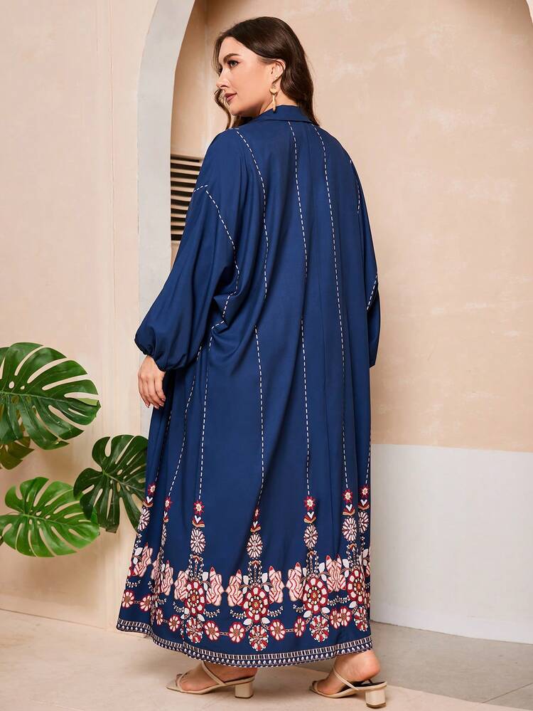 Plus Size Women's Floral Print Lantern Sleeve Open Front Jacket And Cami Dress Set