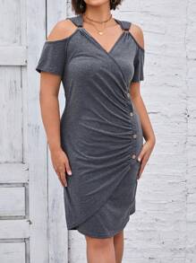 SHEIN LUNE Plus Size Solid Color Button Decorated Wrap Dress - Dark Grey - View 3