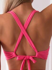 SHEIN Swim Summer Beach Women's Solid Color Cross Strap Back Separated Bikini Set, Crossover Waist Bikini Set - Hot Pink - View 5