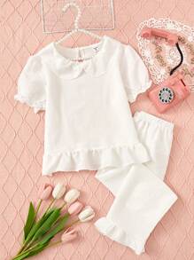 Set pigiama per ragazze adolescenti bianco in colore solido semplice con decorazione a volant, contenente top e pantaloni