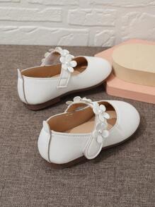 Girls' Pearl & Flower Decor Flat Shoes With Hook And Loop Closure For Wedding And Outdoor Wearing - White - View 5