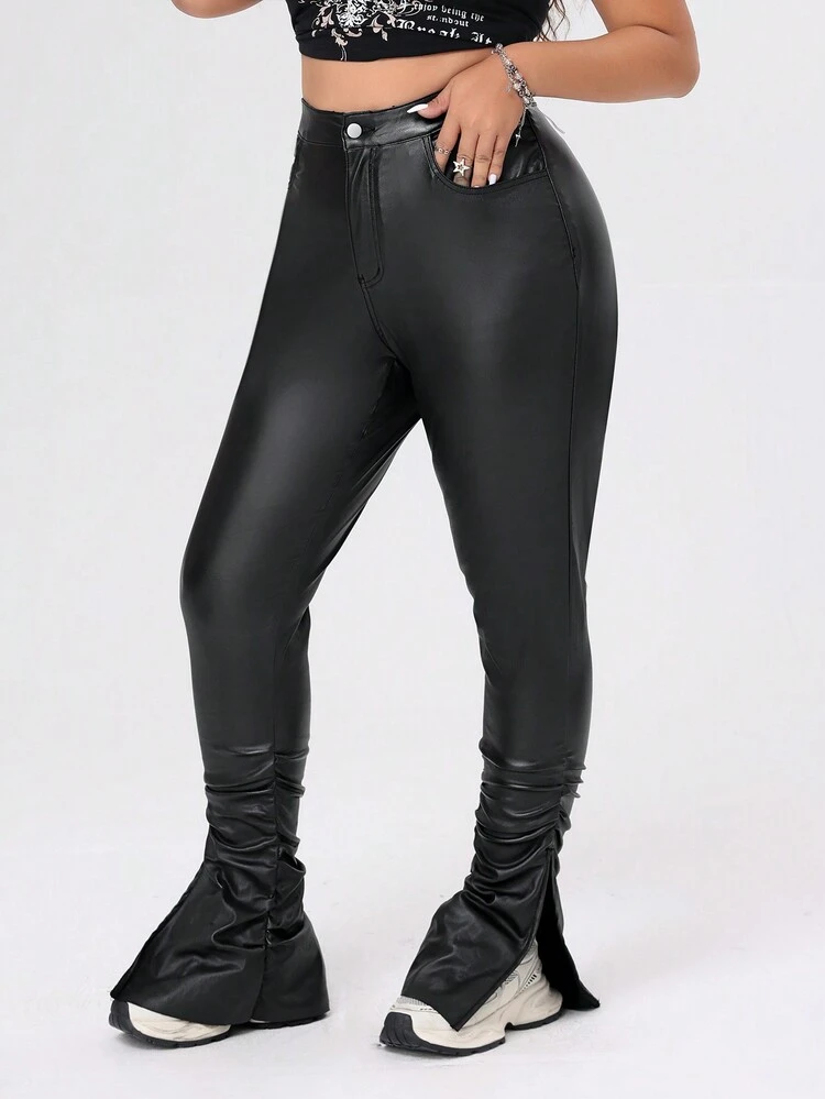 Plus Size Solid Color Ruched Split Hem Slim Fit Pants Fall Cloth For Women