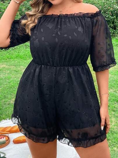 SHEIN LUNE Macacão Feminino Plus Size Com Babados E Ombro De Fora Manga Curta