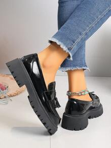 Women's Casual, Fashionable & Comfortable High Heel Thick-Soled Loafers With Tassel Design For Spring And Autumn, Wedge Heel & Thick-Soled Shoes