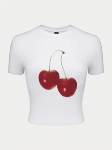 INAWLY Women's Cherry Printed Y2k Short Sleeve Slim Fit T-Shirt - White - View 4
