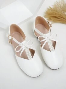 Nuevos diseños de bailarinas planas con perlas blancas y calados para niñas - Blanco - Ver 3