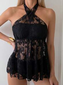 SHEIN Swim Lace Splice Halter Neck Tankini Set Summer - Black - View 1