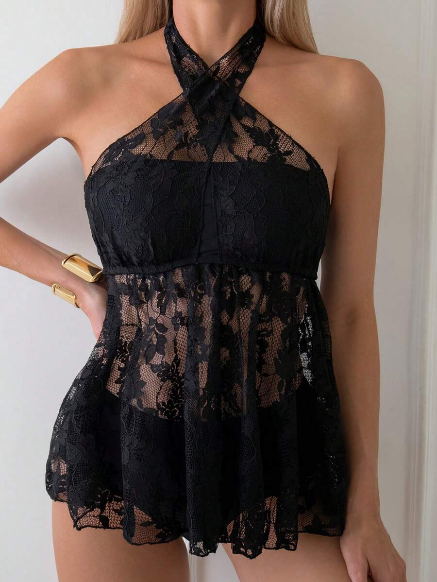 SHEIN Swim Lace Splice Halter Neck Tankini Set Summer - Black - View 1