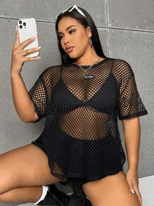 Flirla 大尺碼女式透視漁網上衣 - 黑色 - 查看 5