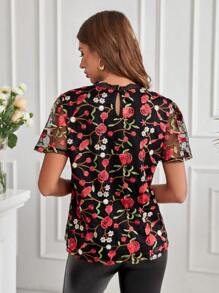 SHEIN Clasi Camisa Con Mangas De Malla Transparente Bordada