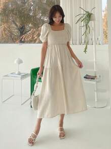 DAZY Women's Square Neckline Short Puff Sleeve Shirred Dress Sundress Linen - Apricot - View 7