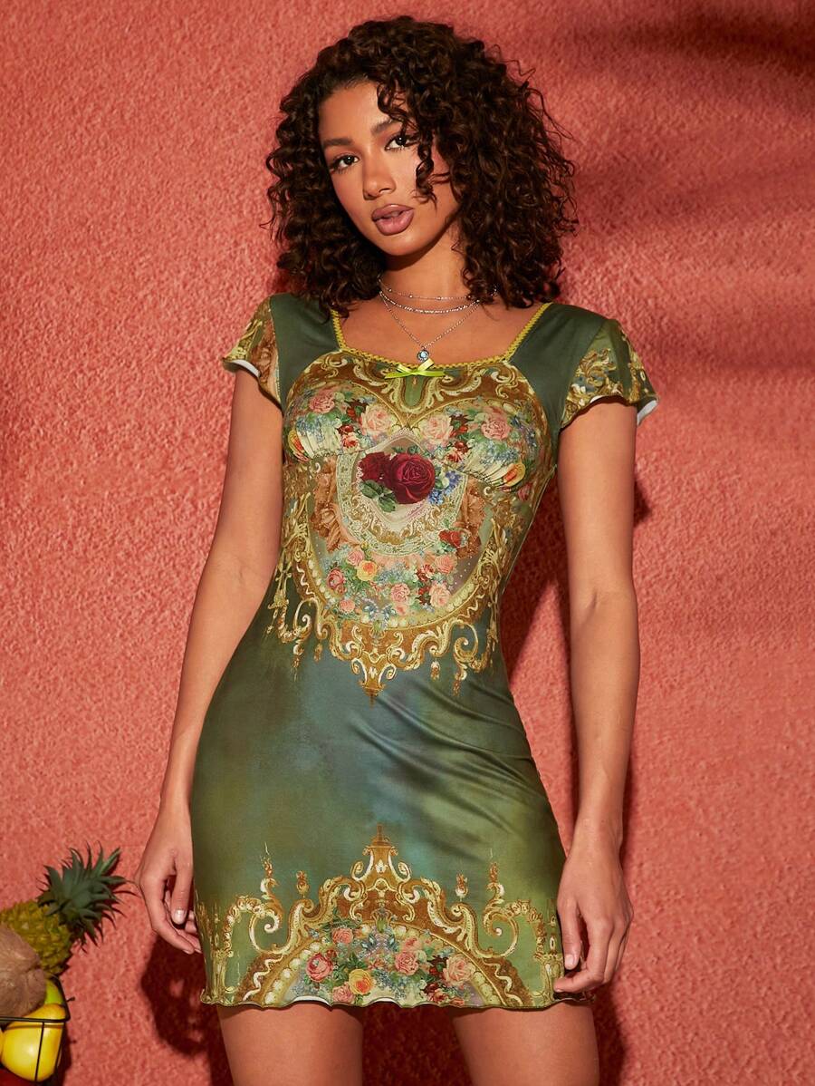 Soleia 花卉印花方領修身連身裙 - 彩色 - 查看 1