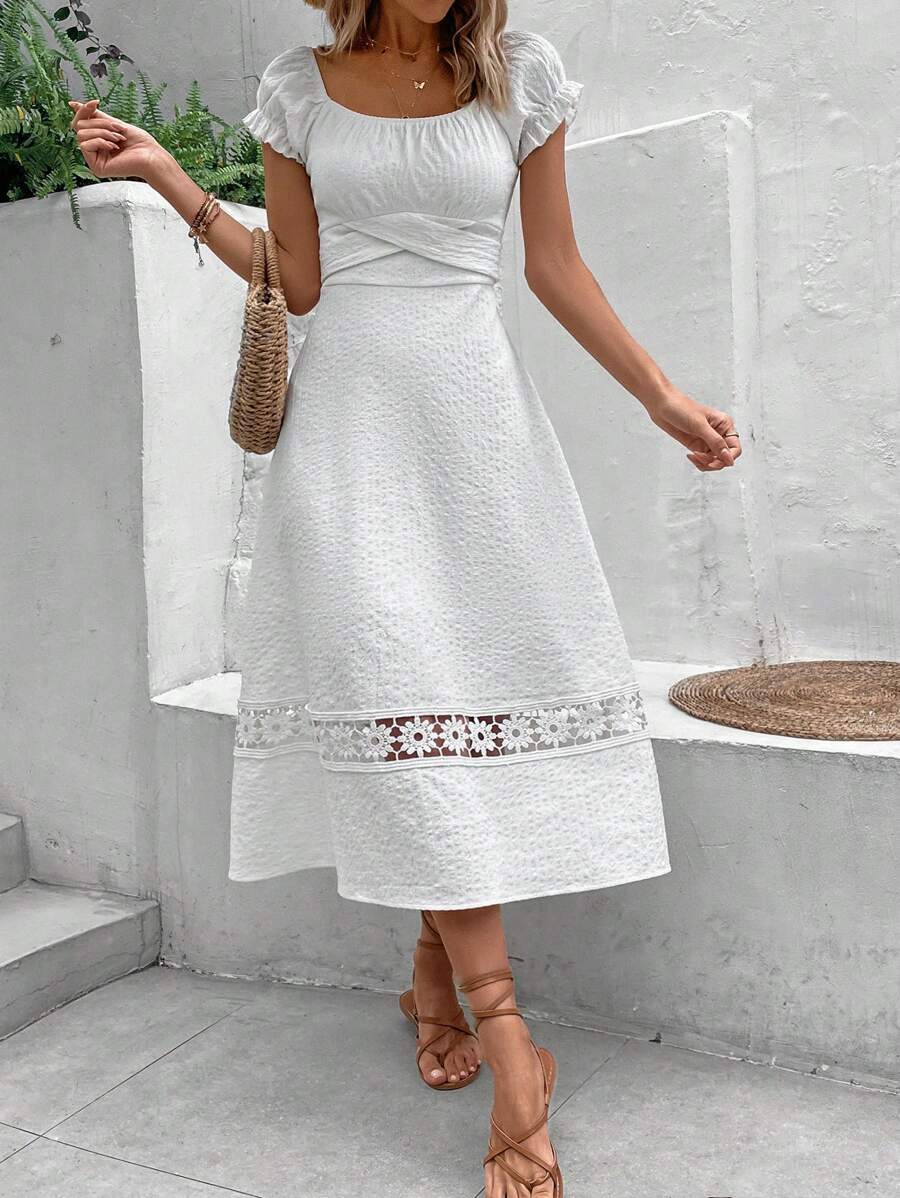 SHEIN VCAY Vestido De Encaje Con Textura Y Corte Sólido Para Mujer - Blanco - Ver 1