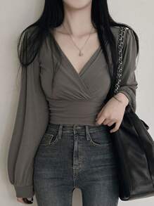 DAZY 女士 V 领长袖 T 恤、秋装、返校服