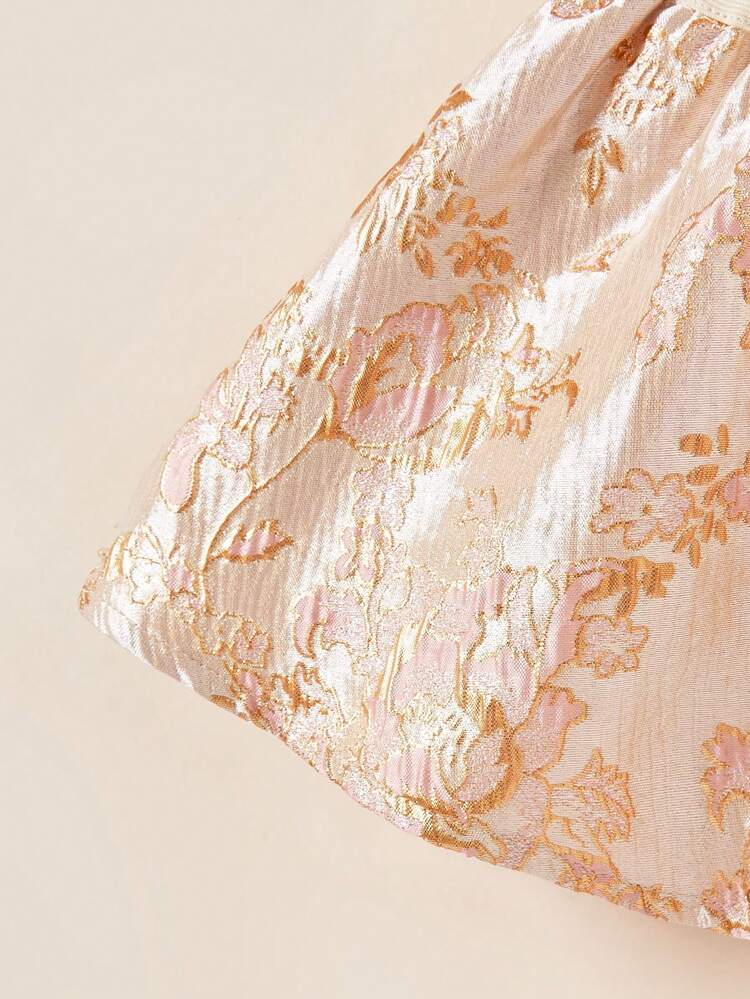 Newborn Baby Girl Color Block Splicing Jacquard Fabric Round Neck Sleeveless Blouse With Ruffle, A-Line Skirt Set