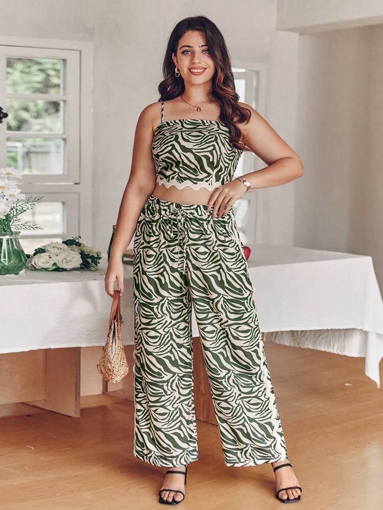 Plus Size Full Print Crop Cami Top & Wide Leg Pants Set