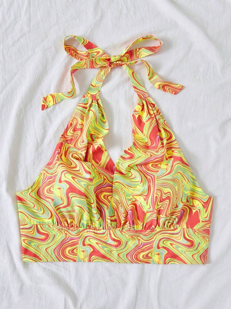 Plus Size Women's Marble Printed Halter Top For Vacation Style