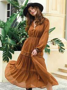 Rusttydustty Chiffon Red V-Neck Tie Waist Elegant Women's Maxi Dress, Casual Bohemian Style For Vacation, Valentine's Day, New Year Party - Brown - View 5