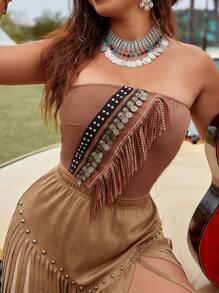 Flirla 加大尺碼無肩帶背心,有流蘇,編織肩帶和多種配件 - 棕色 - 查看 5