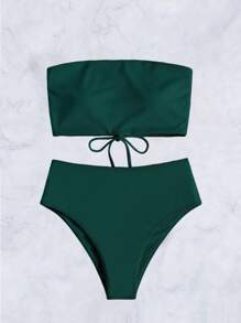 SHEIN Swim Summer Beach Women's Bandeau Bikini Set With Ribbed Design Strapless Bikini Set - Dark Green - View 5