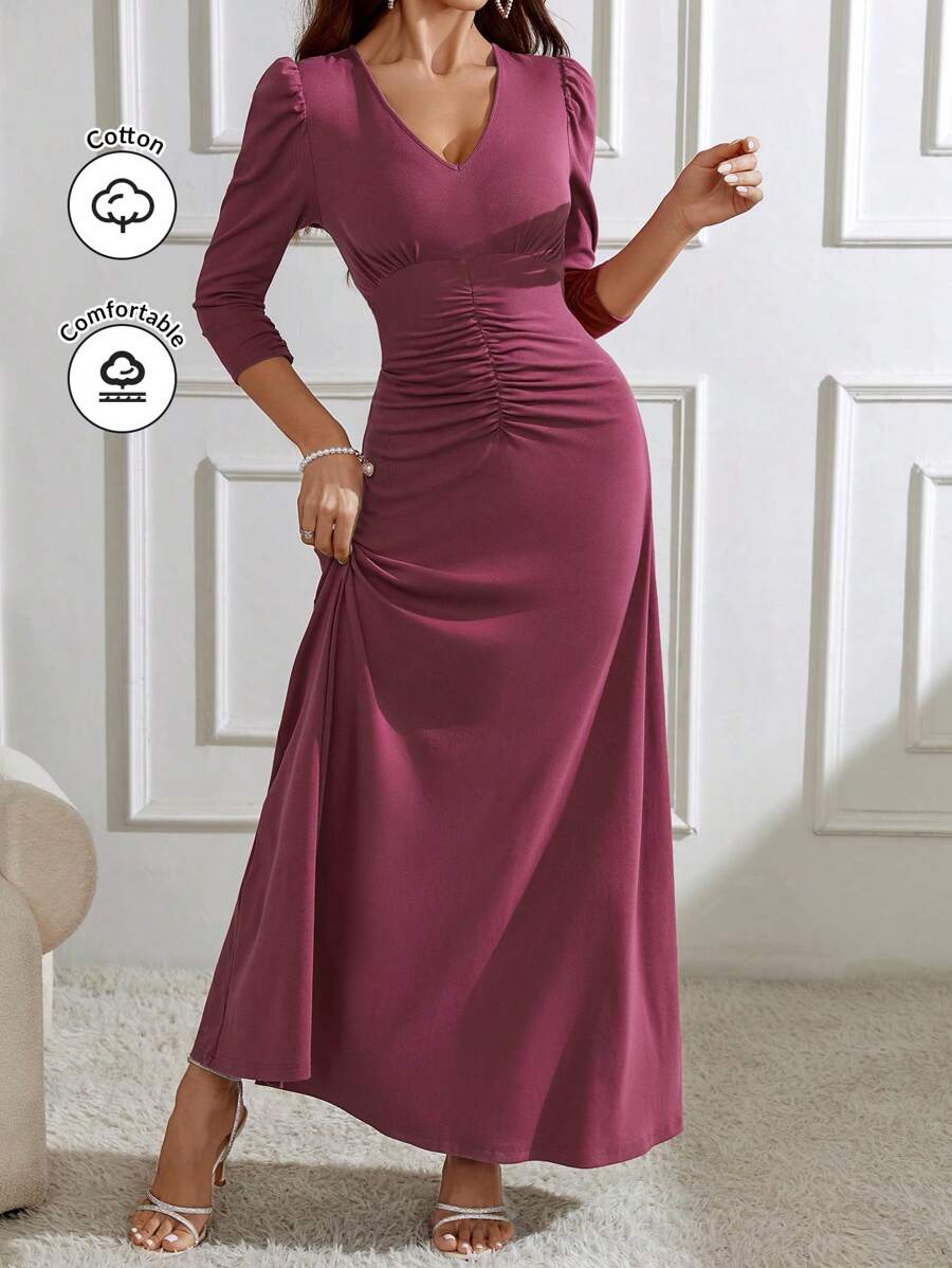 Modelyn Women's V-Neck Ruched Detail Dress, Wedding Guest Dress - Purple - View 1