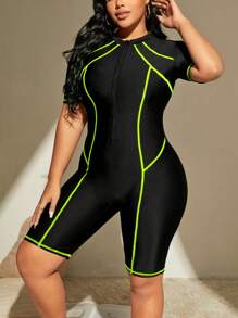 SHEIN Swim Curve Summer Beach Plus Size Colorblocked One-Piece Swimsuit With Contrast Binding Design, Short Sleeve Bathing Suit Beach Outfit Rash Guard Surfing Vacay Vibe - Black - View 4