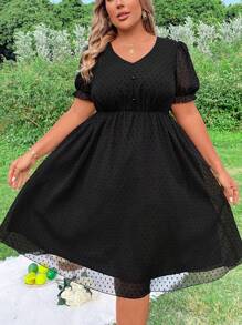 Flirla Robe grande taille à col en V avec contraste en maille et taille cintrée