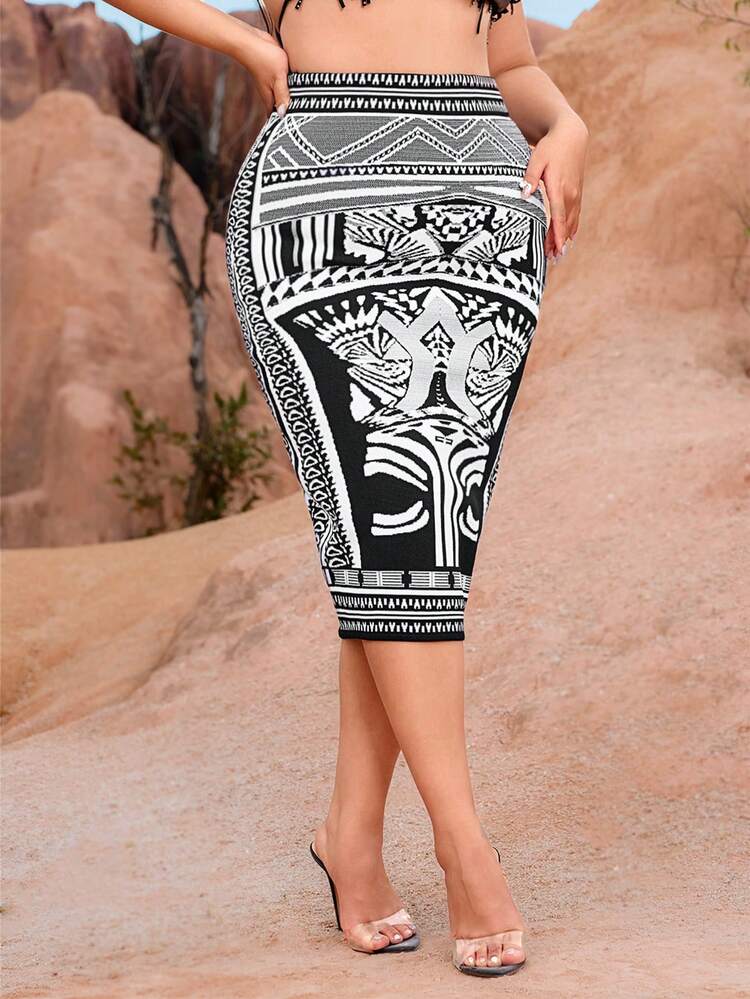 Plus Size Women's Spring Summer Music Festival Country Concert Geometric Print Bandage Knee-Length Skirt