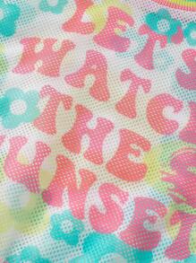 SHEIN 少女夏季新可愛服裝套裝：背心，有空洞&口號印花的網紗背心，休閒短褲 3入組 - 綠色 - 查看 6