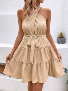 SHEIN LUNE Của phụ nữ Màu thuần Dây chéo Cái cổ Ruffled Hem Đầm - Màu be - Xem 6