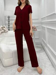 Solid Color V-Neck Short Sleeve Top And Long Pants Home Clothing Set Outfit - Burgundy - View 6