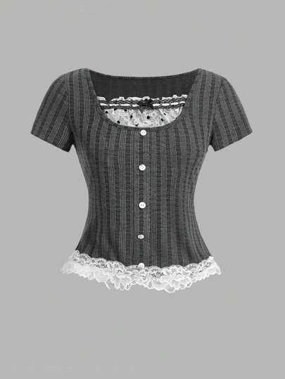 Kawaii Polka Dot 2 In 1 Contrast Lace Single Breasted Short Sleeve T-Shirt For Women, School