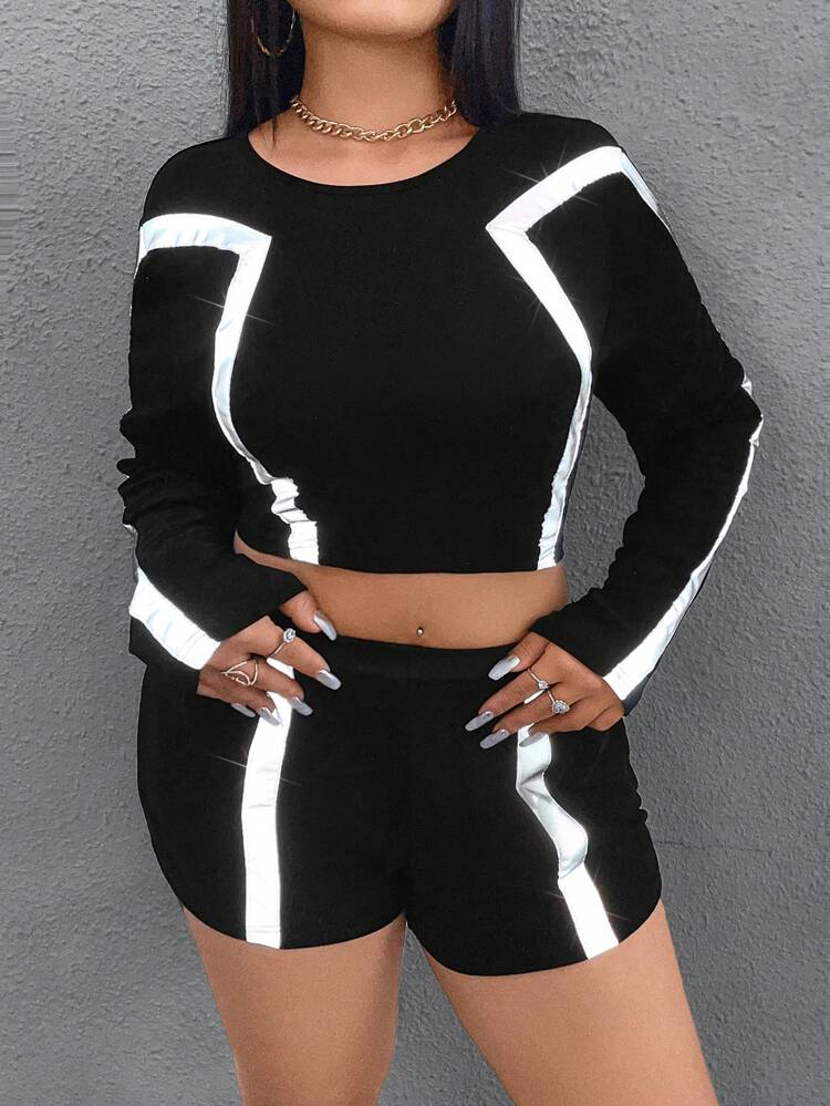 Plus Size Color-Block Crop Top And Shorts Set With Reflective Stripes
