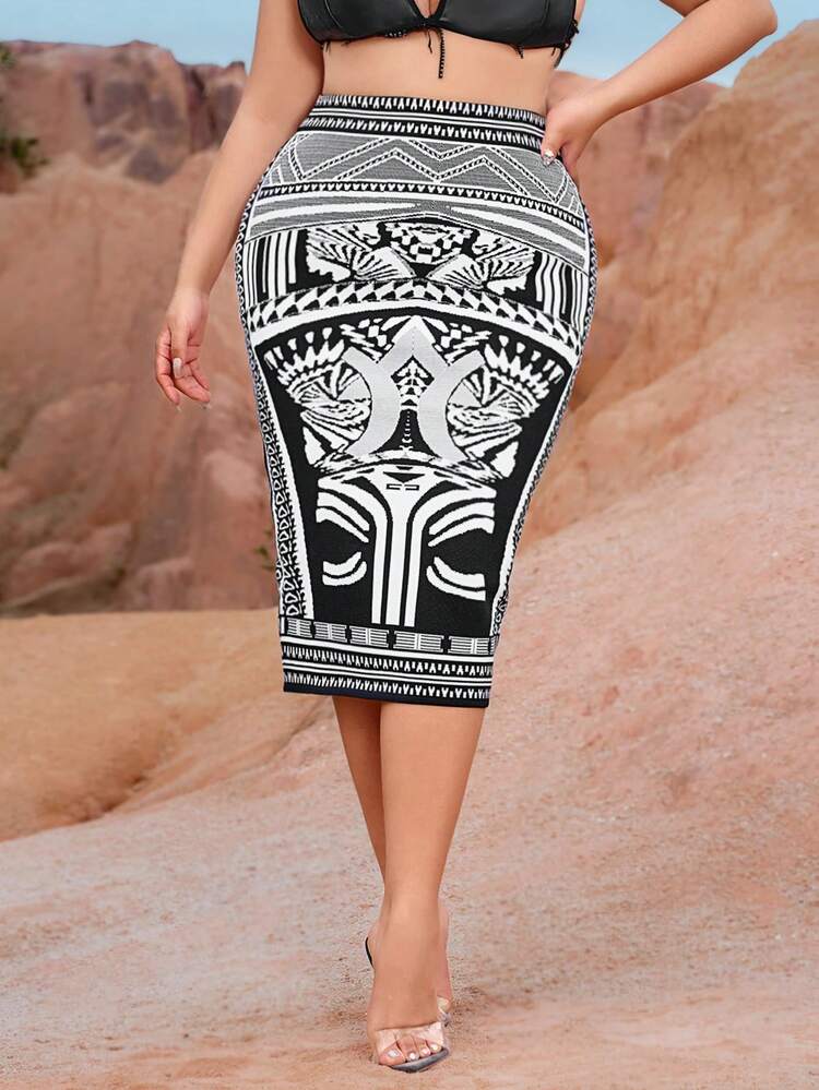 Plus Size Women's Spring Summer Music Festival Country Concert Geometric Print Bandage Knee-Length Skirt