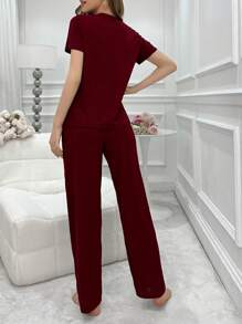 Solid Color V-Neck Short Sleeve Top And Long Pants Home Clothing Set Outfit - Burgundy - View 2