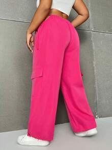 Flirla Plus Size Solid Color Hollow Out Flip Pocket Jogger Pants - Hot Pink - View 3