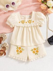 SHEIN 少女刺繡編織圓領上衣和寬腿短褲套裝 - 杏色 - 查看 6