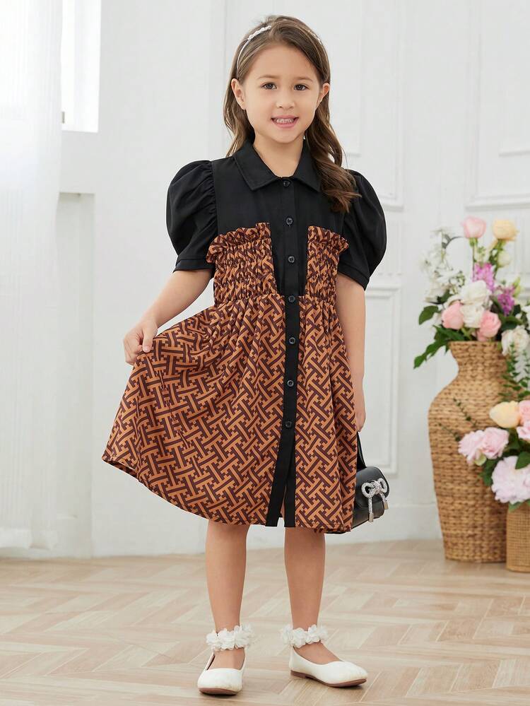 Toddler Girls' Colorful Patchwork Bubble Short Sleeve Dress For Summer