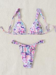 SHEIN Swim Summer Beach Printed V-Neck Bikini Set - Purple - View 2