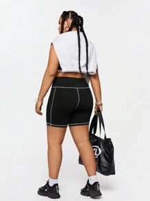 SHEIN EZwear CURVE Plus Size Mesh Letter Pattern Cycling Shorts - Black - View 6