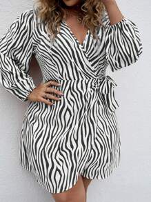 Celure Plus Size Zebra Print V-Neck Wrap Dress - Black and White - View 1