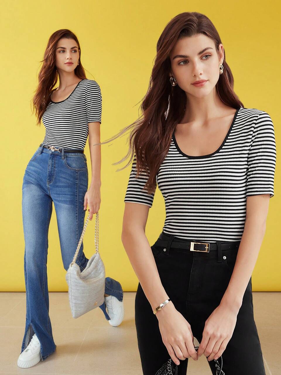 MOTF WOMEN'S STRIPED SLIM FIT SHORT SLEEVE T-SHIRT WITH SCOOP NECK,SUMMER OUTFITS