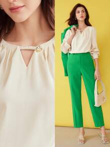 MOTF PREMIUM Dệt Của phụ nữ Cổ lỗ khóa Áo sơ mi - Màu be - Xem 12