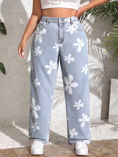 Breezaya Plus Size Women's Floral Pattern Insert Pocket Boyfriend Jeans