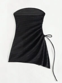 Swim SXY 夏季海滩女式侧开叉抽绳抹胸罩衫抹胸连衣裙黑色性感连衣裙 - 黑色 - 查看 4